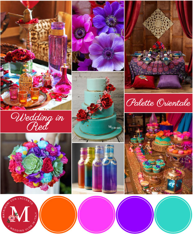 Palette per matrimonio rosso orientale: rosso, arancione, fucsia, viola e turchese