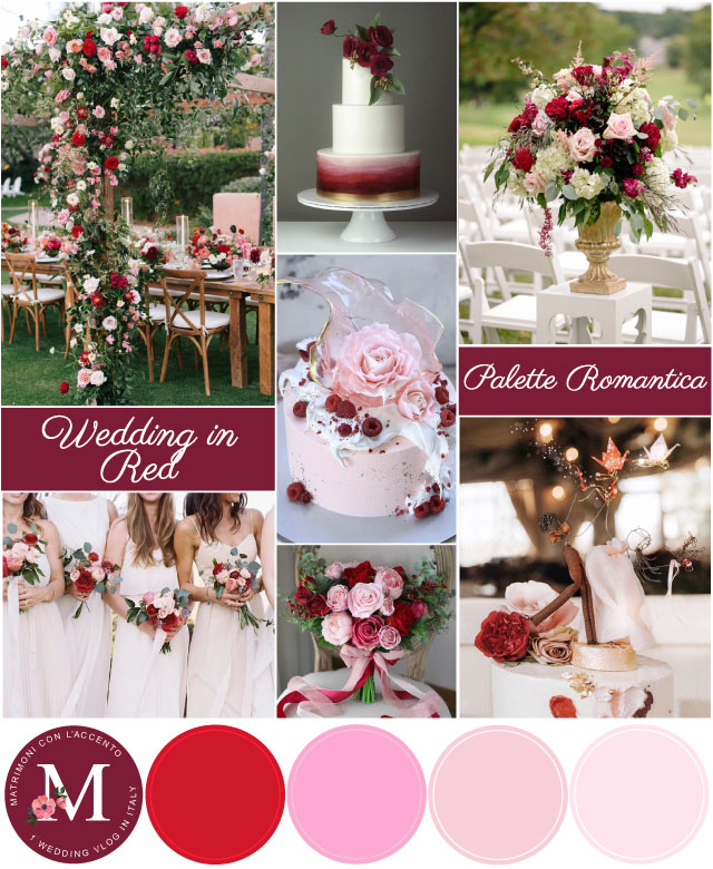 Palette per matrimonio rosso romantico: rosso, bordeaux e sfumature di rosa