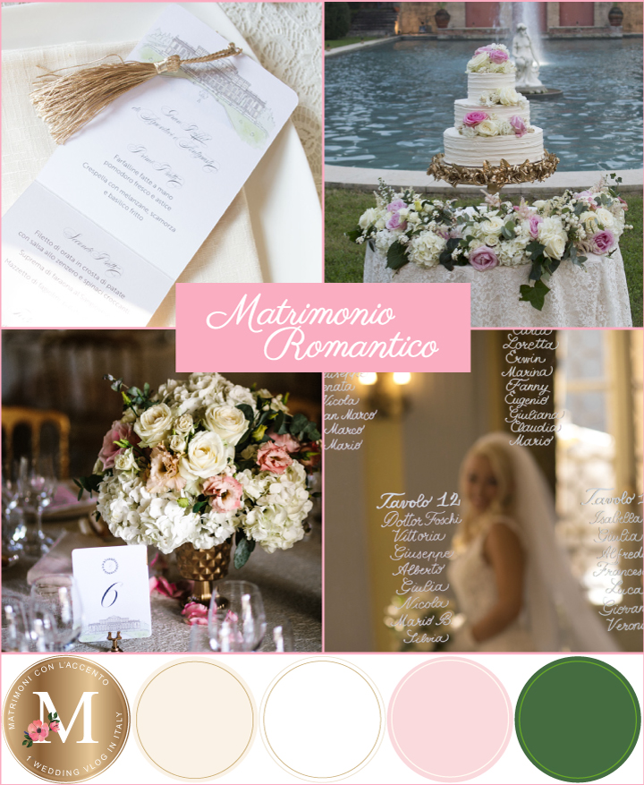 Palette per un matrimonio romantico: bianco, avorio, rosa, verde e oro