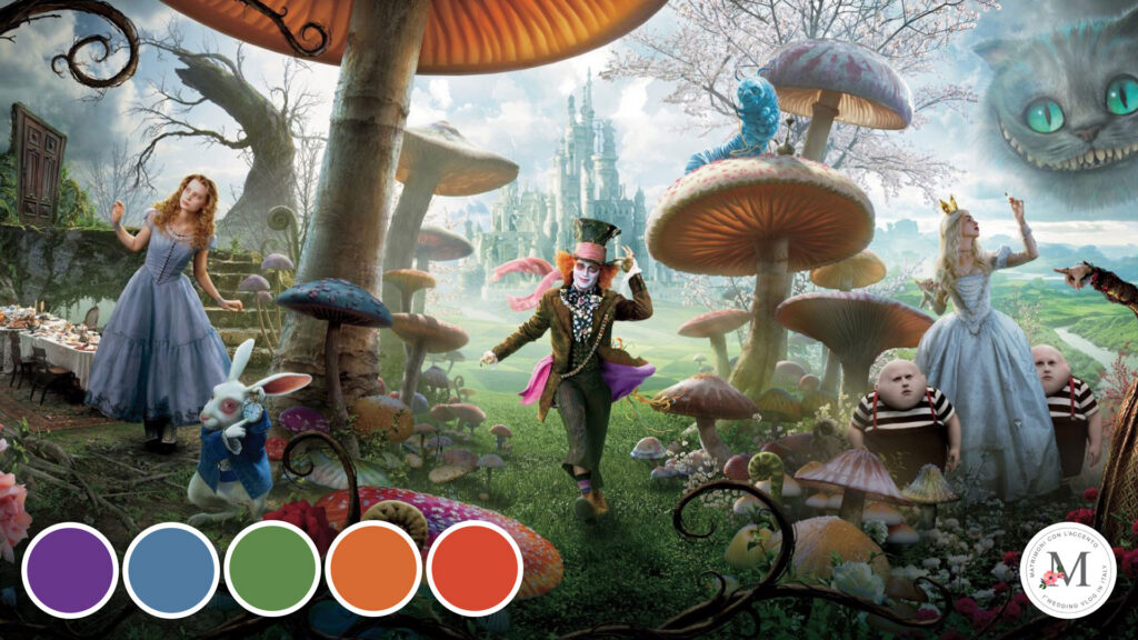 Palette sviluppata sul film Alice in Wonderland di Tim Burton, da Roberta Patanè per Matrimoni con l'accento