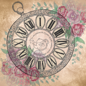 Copertina di un invito a tema Alice nel paese delle meraviglie raffigurante un orologio